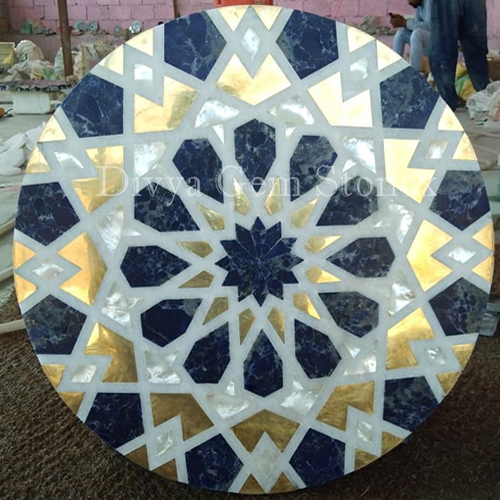 Lapis Brass Table Top Inlay In Marble