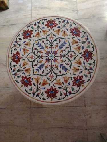 Round Printed White Marble Semi Precious Stone Inlay Work Table Top